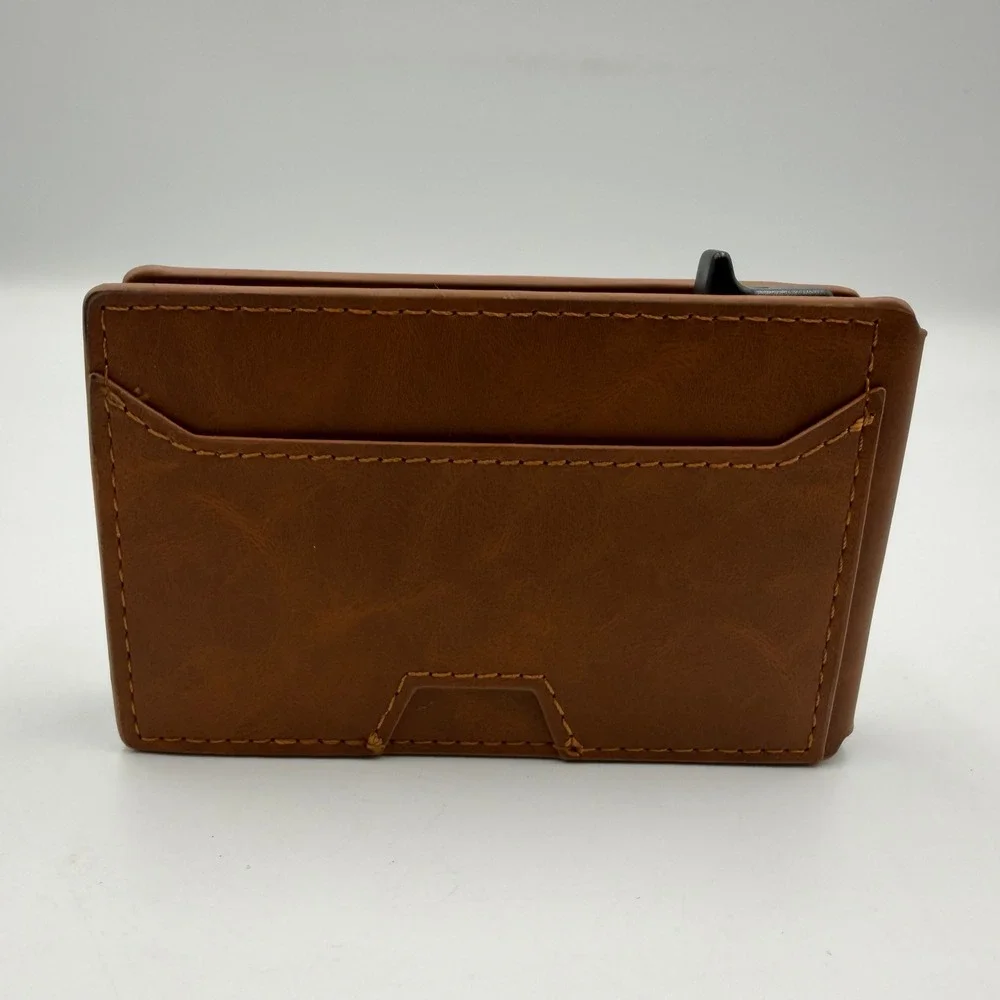 Brown Faux Leather Pop Up Credit Card Holder Minimalist Bifold Slider Wallet